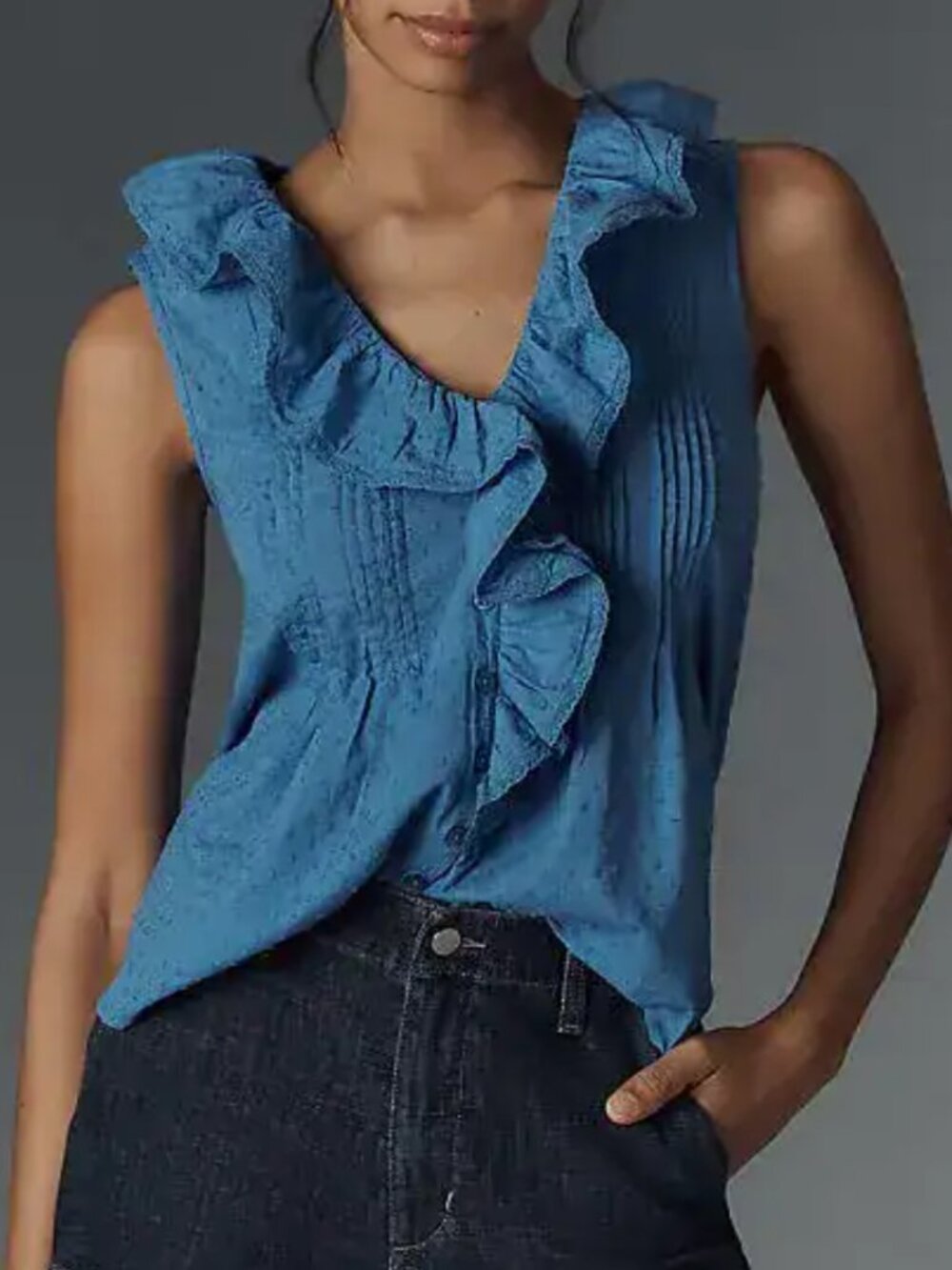 ANTHROPOLOGIE Blue Sleeveless Pintuck Ruffle Blouse sz